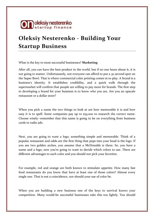 Oleksiy Nesterenko - Building Your Startup Business