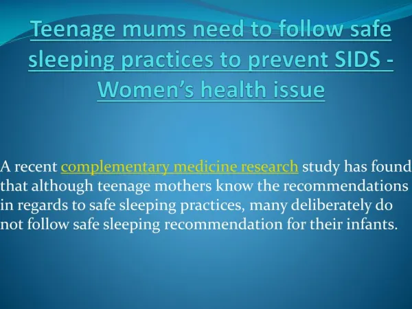 Teenage mums need to follow safe sleeping practices to prevent SIDS -Women’s health issue