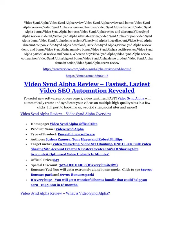 Video Synd Alpha Review & (Secret) $22,300 bonus