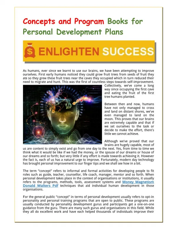 Concepts and Program Books for Personal Development Plans