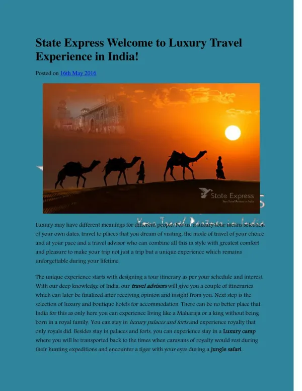 State Express Welcome to Luxury Travel Experience in India!
