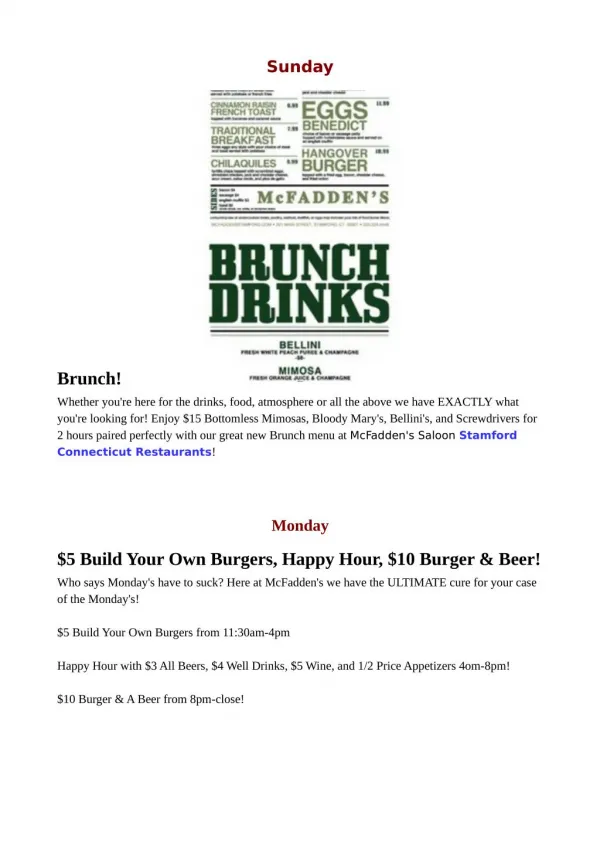 Stamford CT Restaurants - Daily Specials Happy Hour Menu