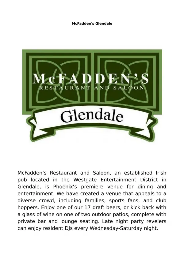 McFadden's Glendale Arizona - Late night restaurant · Sports bar · Event venue