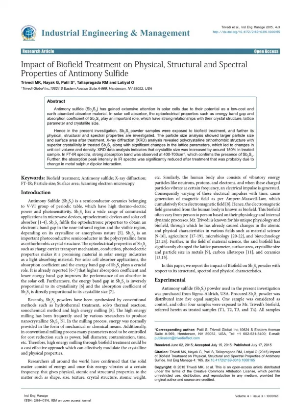 An Effect of Biofield Energy Treatment on Antimony Sulfide