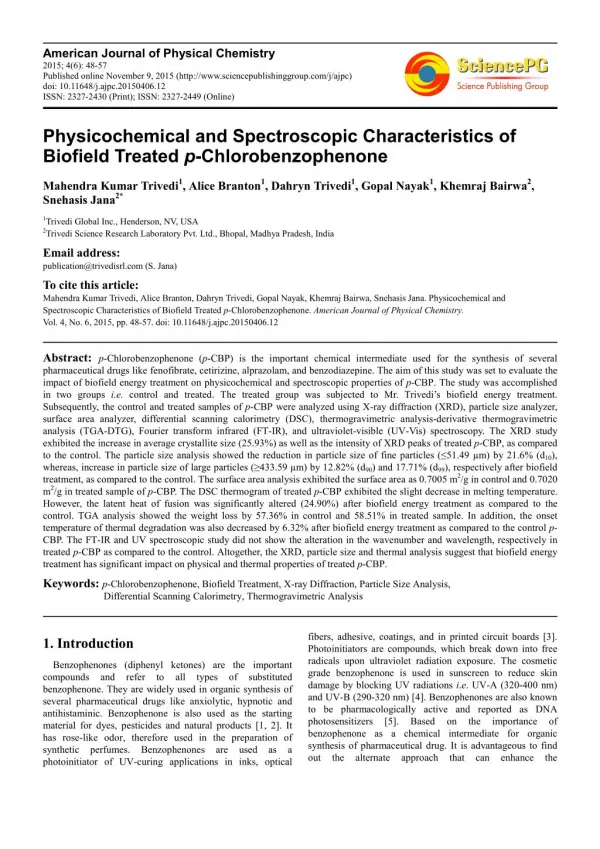 Physicochemical and Spectroscopic Characteristics of Biofield Treated p-Chlorobenzophenone