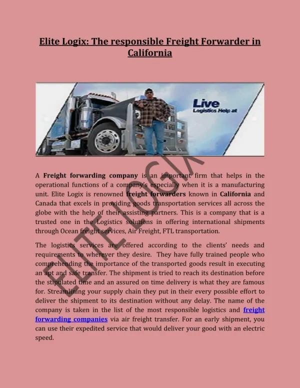 Elite Logix: The responsible Freight Forwarder in California