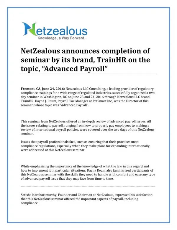 NetZealous Announces completion of seminar by its brand, TrainHR