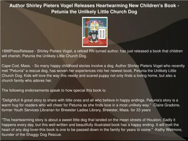 Author Shirley Pieters Vogel Releases Heartwarming New Children's Book - Petunia the Unlikely Little Church Dog