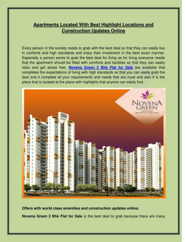 Apartments Located With Best Highlight Locations and Construction Updates Online