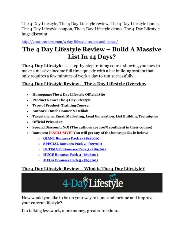 The 4 Day Lifestyle Review and The 4 Day Lifestyle (EXCLUSIVE) bonuses pack