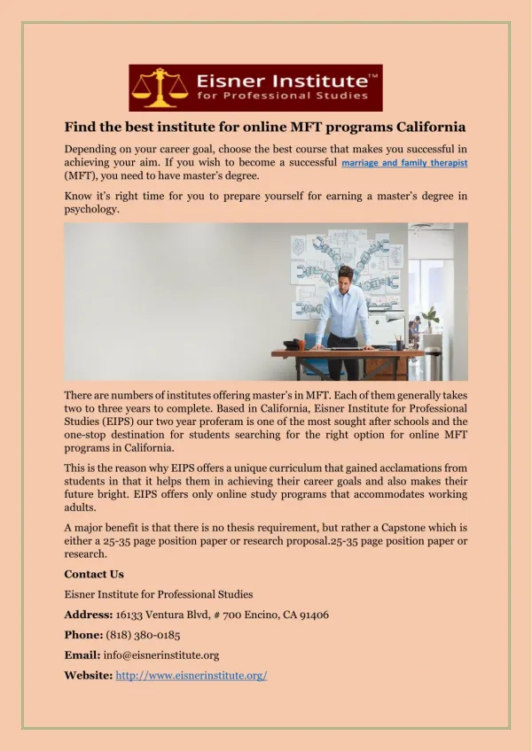 Find the best institute for online MFT programs California