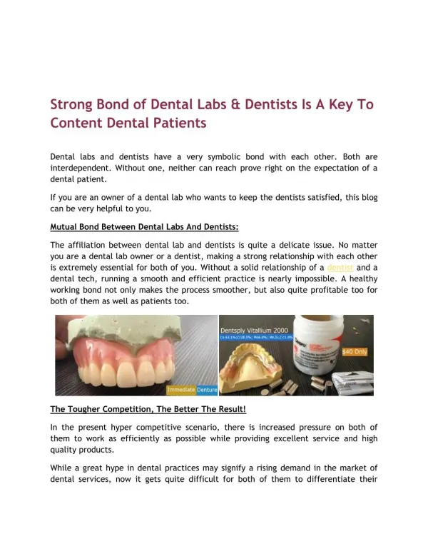 Strong Bond of Dental Labs & Dentists Is A Key To Content Dental Patients