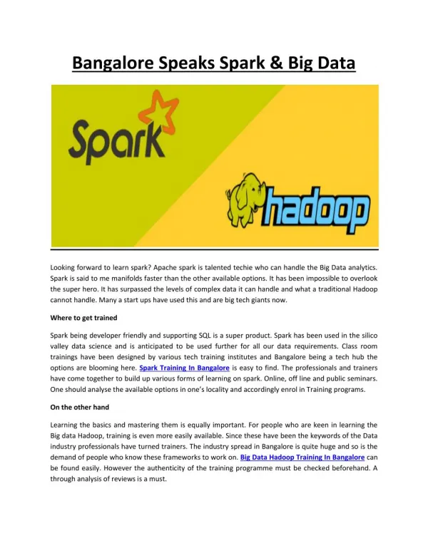 Bangalore Speaks Spark & Big Data