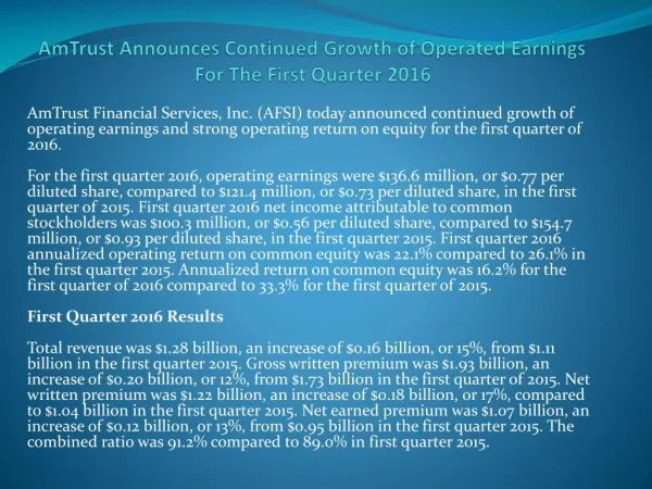 AmTrust Announces Continued Growth of Operated Earnings For The First Quarter 2016