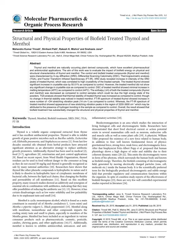Structural and Physical Properties of Biofield Treated Thymol and Menthol