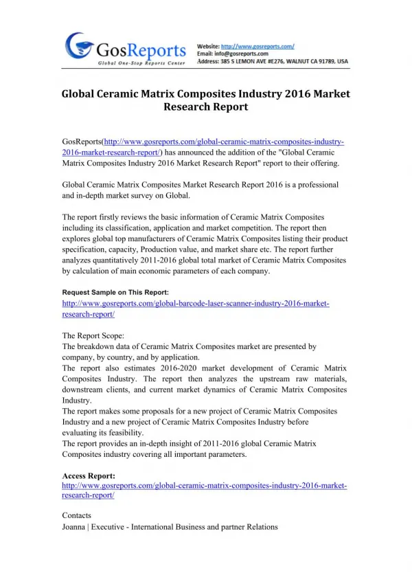 Global Ceramic Matrix Composites Industry 2016 Market Research Report