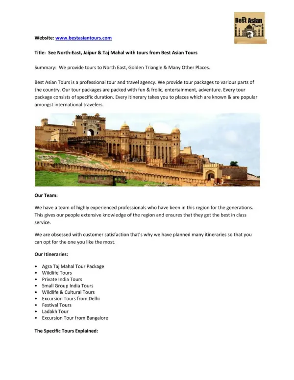 Best Asian Tours - North East India, Same day Jaipur and Taj Mahal Tour Package