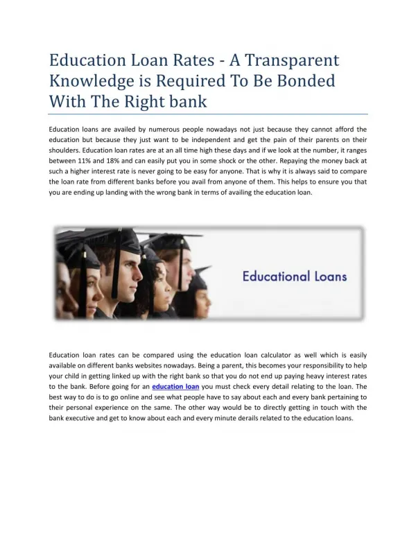 Education Loan Rates - A Transparent Knowledge is Required To Be Bonded With The Right bank
