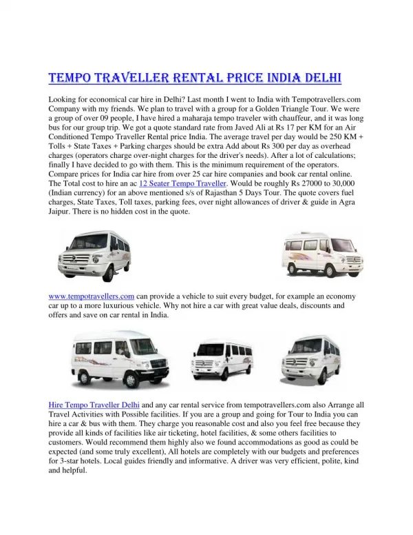 Tempo Travellers Rental India Delhi