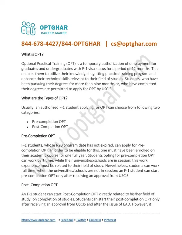 What is OPT? Types of Optional Practical Training: F1 Student at OPT GHAR