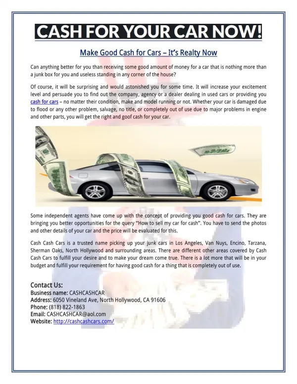 Make Good Cash for Cars – It’s Realty Now