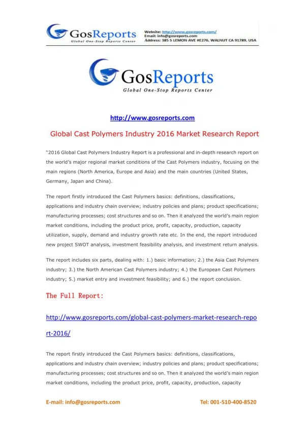 Global Cast Polymers Market Research Report 2016