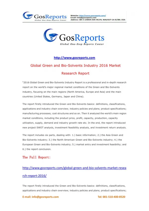 Global Green and Bio-Solvents Market Research Report 2016