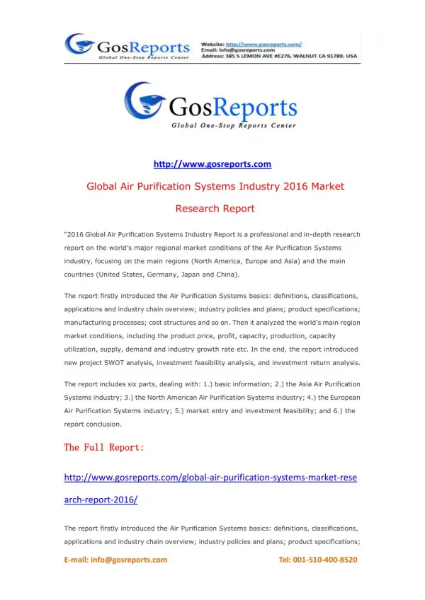 Global Air Purification Systems Market Research Report 2016