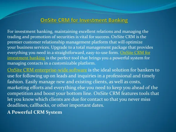 OnSite CRM for Investment Banking
