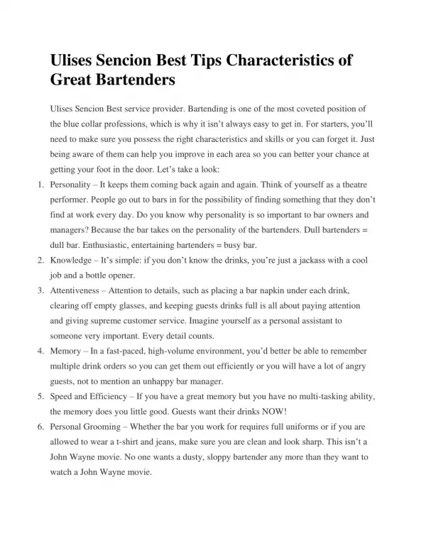 Ulises Sencion Best Tips Characteristics of Great Bartenders