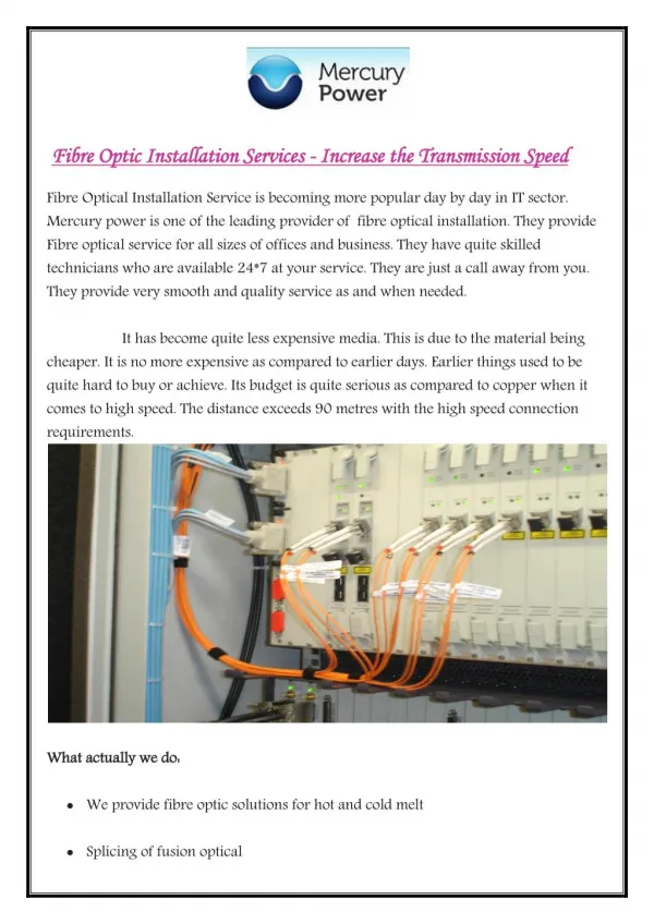 Fibre Optic Installation Services - Increase the transmission speed