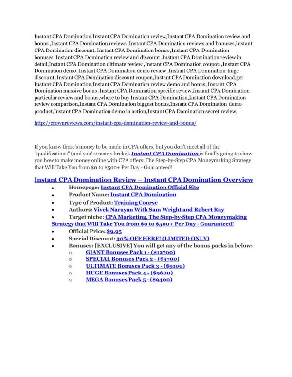 Instant CPA Domination review-- Instant CPA Domination (SECRET) bonuses