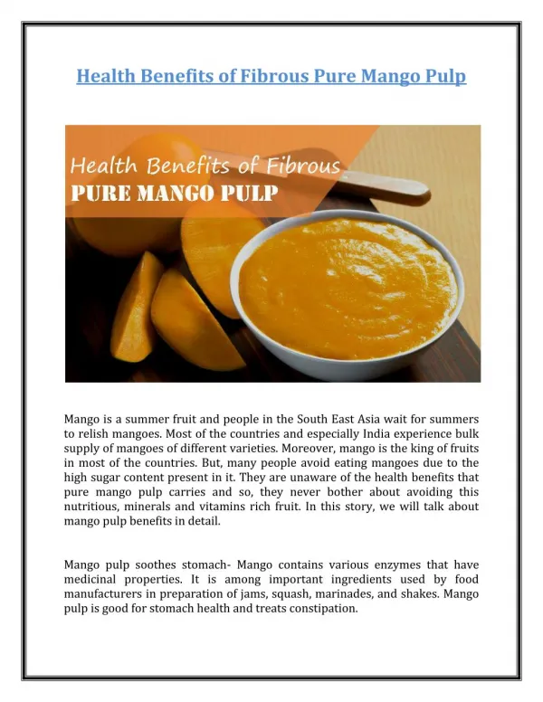 Health Benefits of Fibrous Pure Mango Pulp