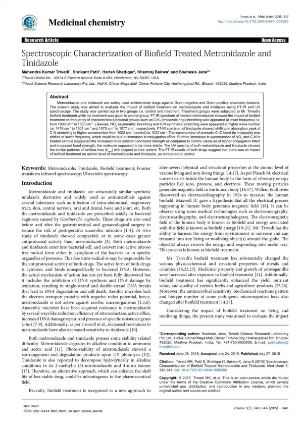 Spectroscopic Characterization of Biofield Treated Metronidazole and Tinidazole