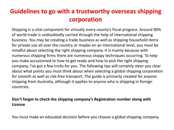 Guidelines to go with a trustworthy overseas shipping corporation