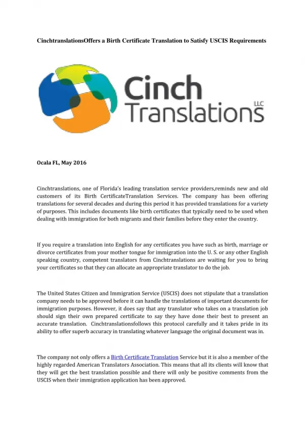 CinchtranslationsOffers a Birth Certificate Translation to Satisfy USCIS Requirements