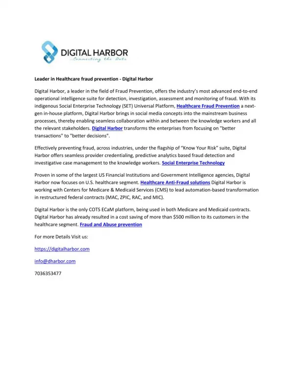 Leader in Healthcare fraud prevention - Digital Harbor