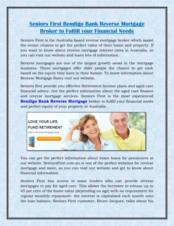 Seniors First Bendigo Bank Reverse Mortgage Broker to Fulfill your Financial Needs