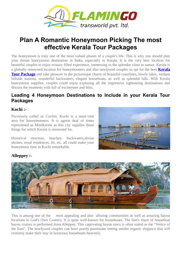 Plan A Romantic Honeymoon Picking The most effective Kerala Tour Packages