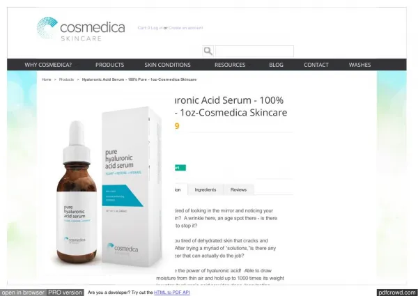 Hyaluronic Acid Serum for Skin Care - 100% Pure - 1oz-Cosmedica Skincare