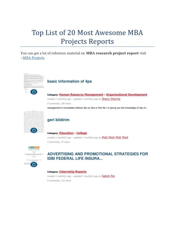 Top List of 20 Most Awesome MBA Projects Reports