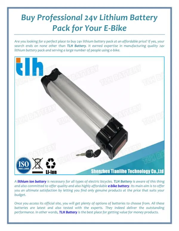 Buy Professional 24v Lithium Battery Pack for Your E-Bike