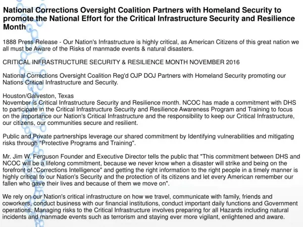 National Corrections Oversight Coalition Partners with Homeland Security to promote the National Effort for the Critical