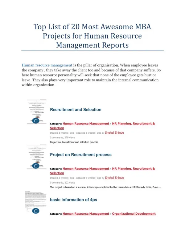 Top List of 20 Most Awesome MBA Projects for Human Resource Management Reports