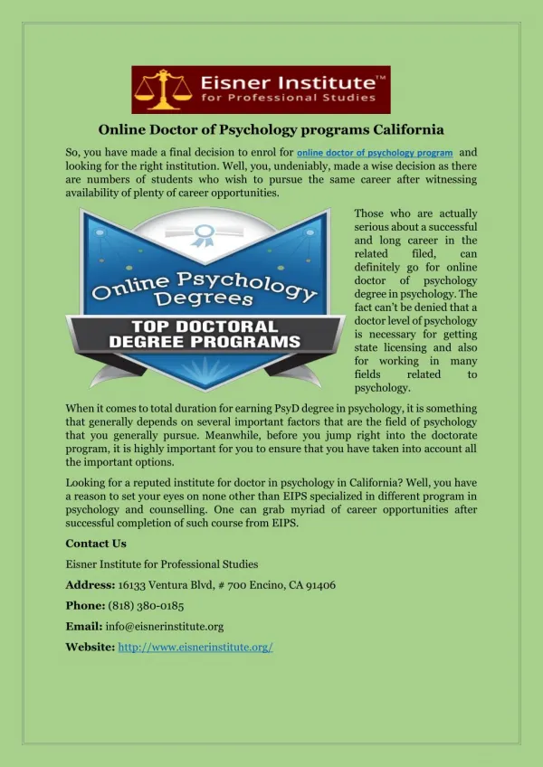 Online Doctor of Psychology programs California