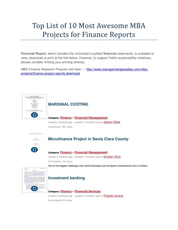 Top List of 10 Most Awesome MBA Projects for Finance Reports