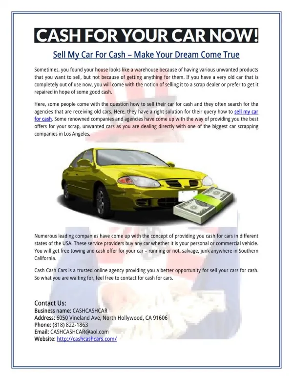 Sell My Car For Cash – Make Your Dream Come True