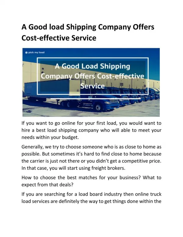 A Good load Shipping Company Offers Cost-effective Service