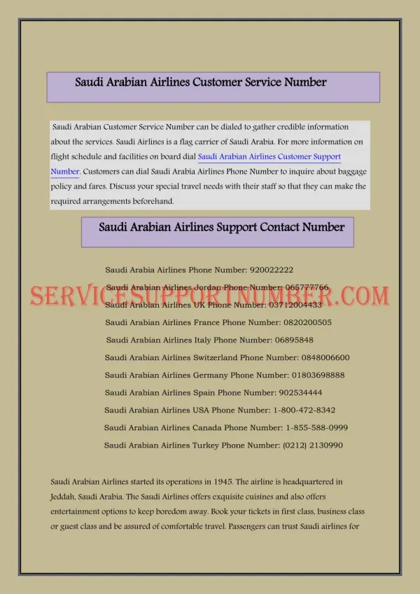 Saudi Arabian Airlines Customer Support Number