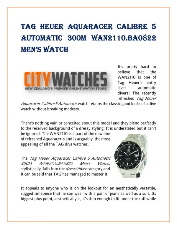 Tag Heuer Aquaracer Calibre 5 Automatic 300M WAN2110.BA0822 Men’s Watch